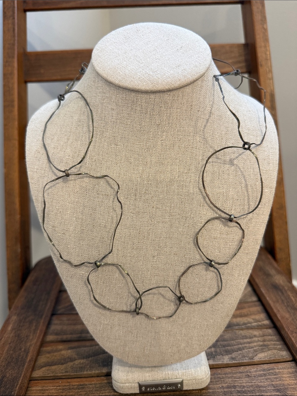 Artisan Style Oxidized Metal Geometric Link Necklace Long Statement Minimalist